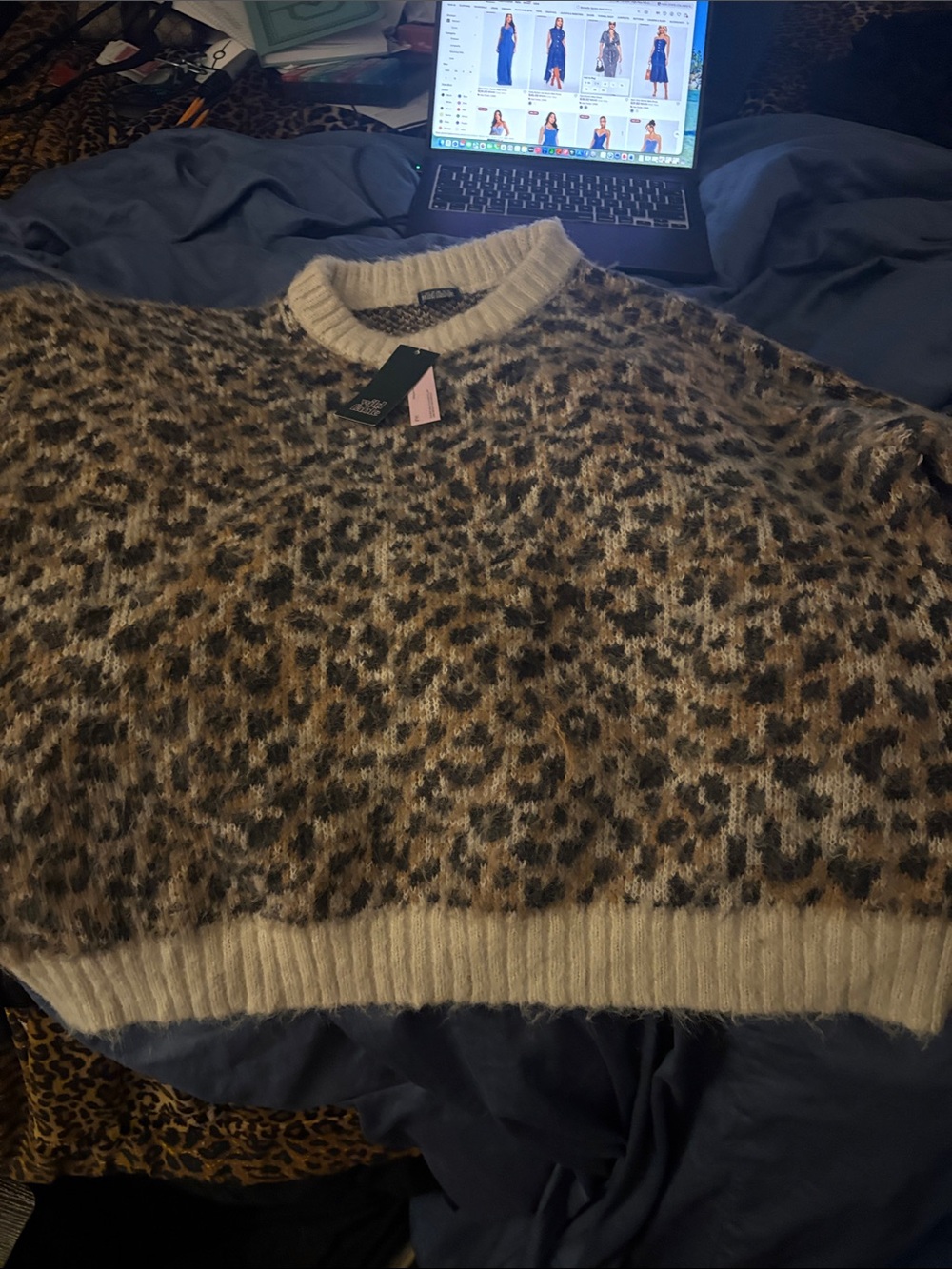 Vintage Havana Leopard-Print Crewneck Sweater in Cream and Brown